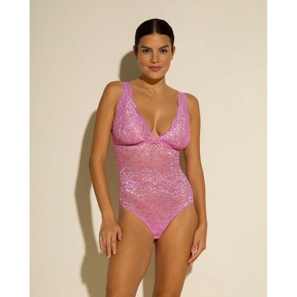 CosaBella Luxury Lace Bodysuit Cosabella Italian Lace Sexy Deep V Teddy Pink M